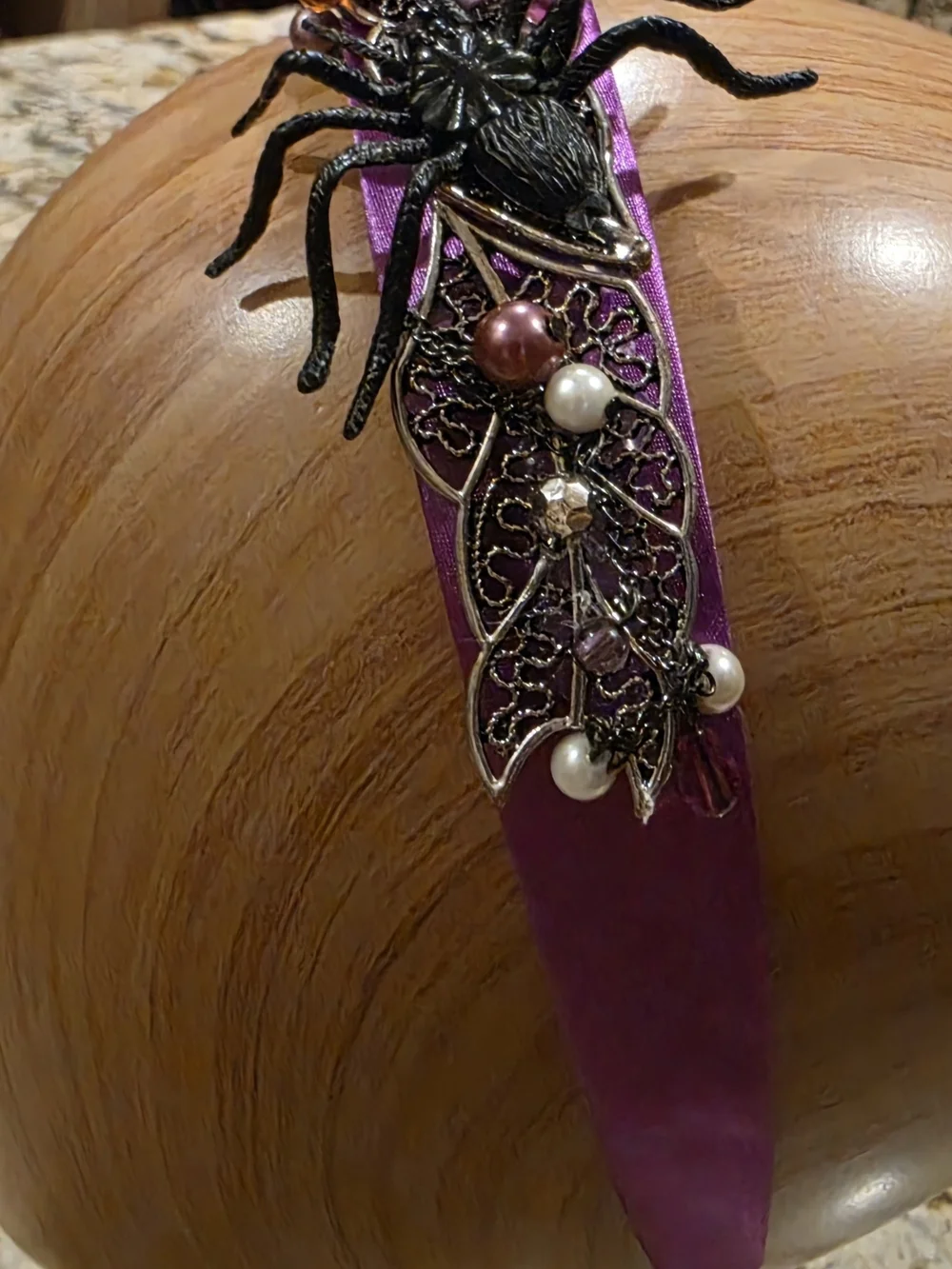 Purple Satin Headband with Decorative Spider and Bead Accents